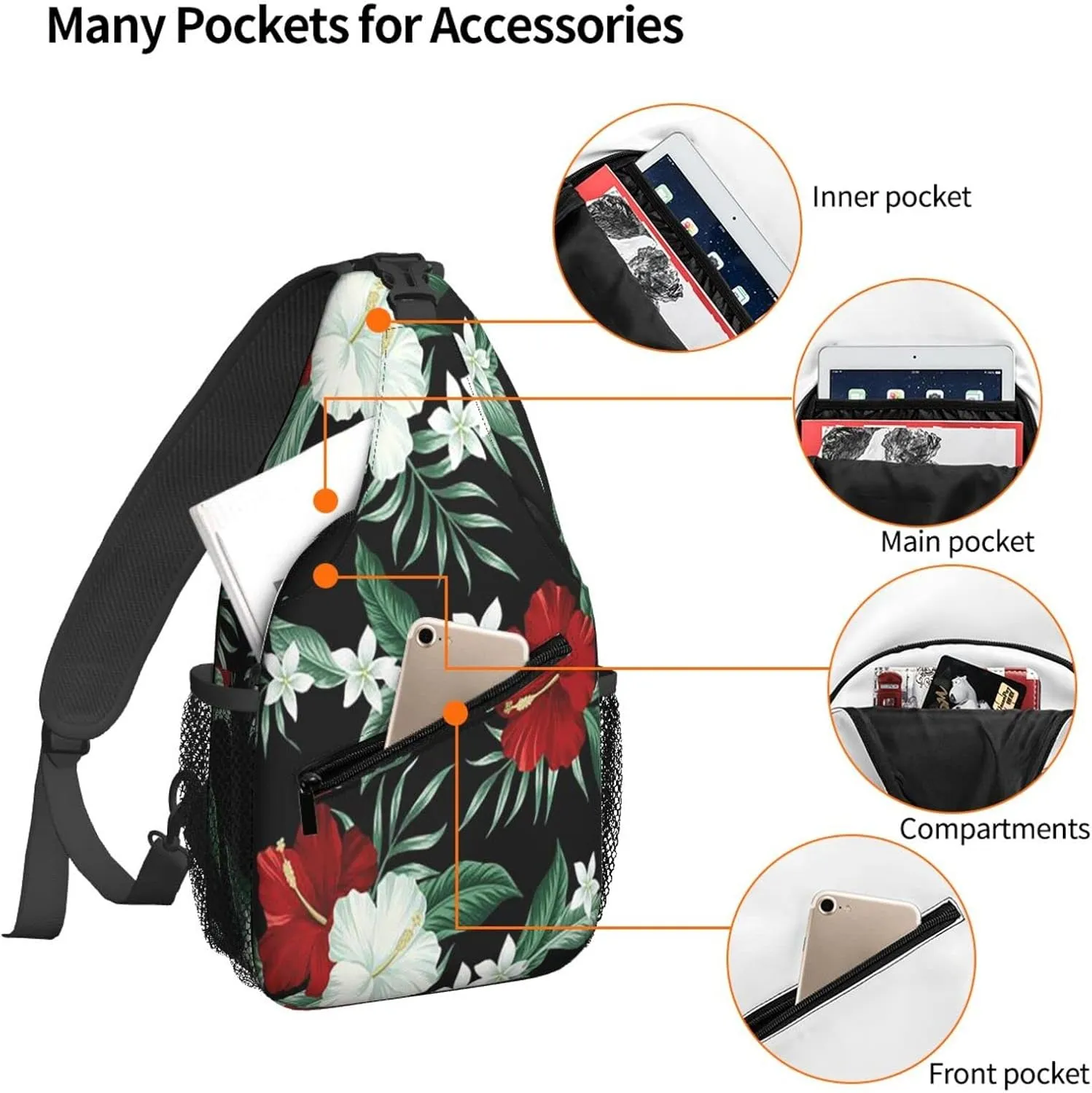 Tropical Hawaiian Hibiscus Crossbody Bags for Women Trendy Sling Backpack Men Chest Shoulder Bag Gym Cycling Travel Hiking Daypack