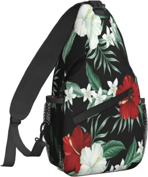 Tropical Hawaiian Hibiscus Crossbody Bags for Women Trendy Sling Backpack Men Chest Shoulder Bag Gym Cycling Travel Hiking Daypack