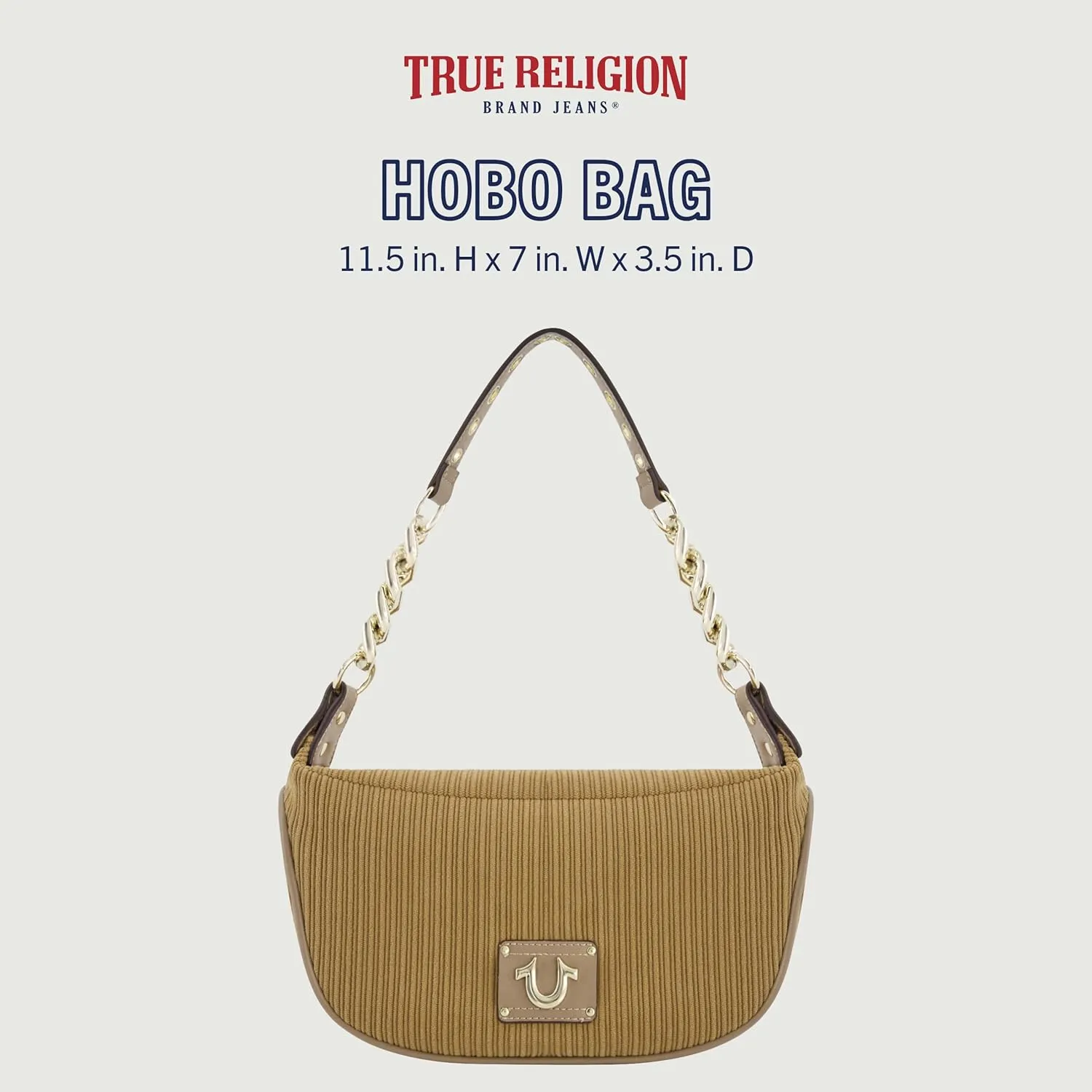 True Religion Women's Shoulder Bag Purse, Corduroy Hobo Handbag with Chain Strap