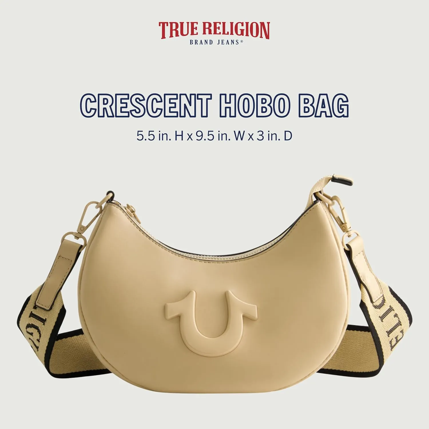 True Religion Women's Shoulder Bag Purse, Crescent Hobo Handbag with Adjustable Removable Strap and Horseshoe Logo