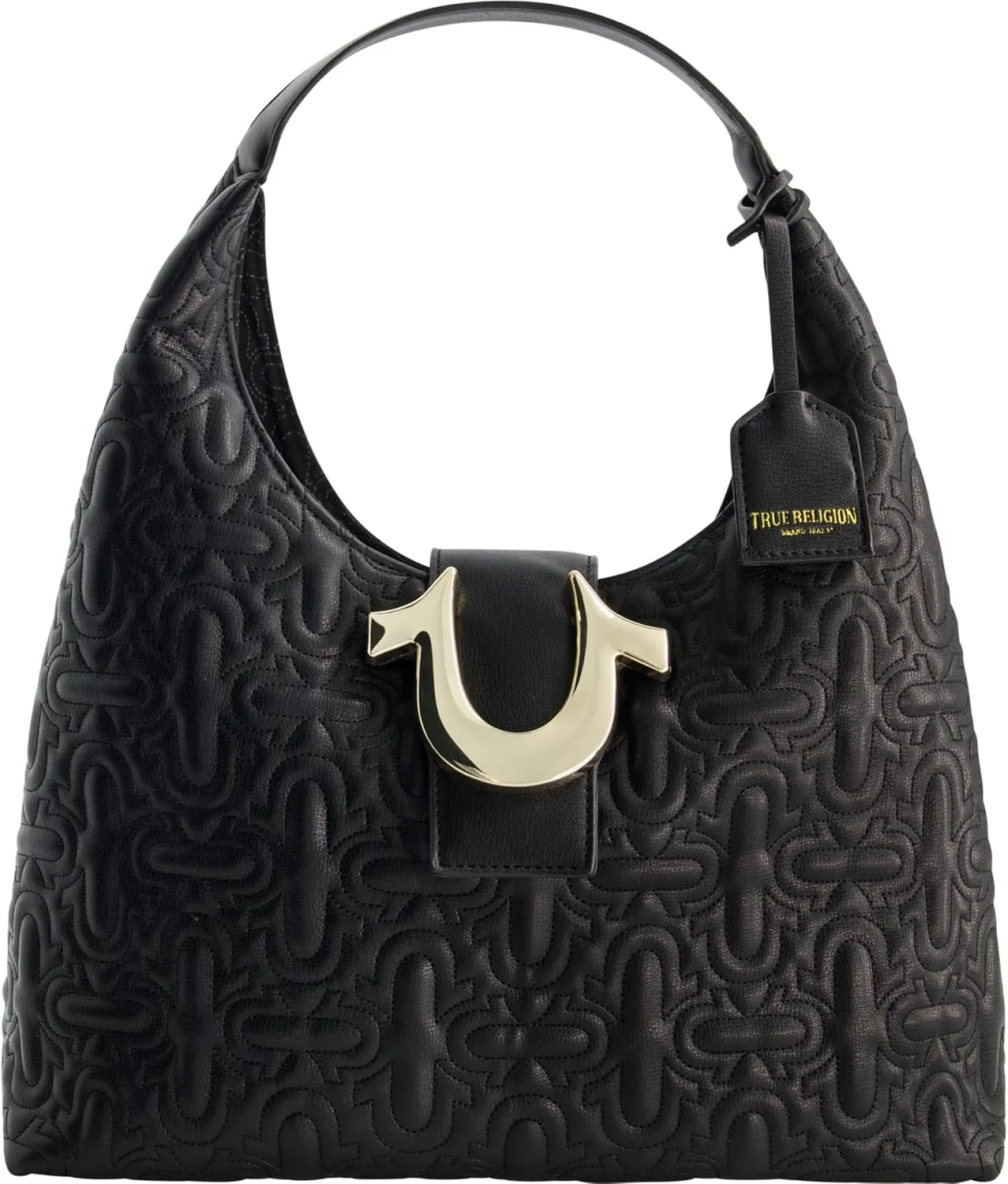 True Religion Women's Shoulder Bag Purse, Medium Quilted Hobo Handbag with Horseshoe Logo