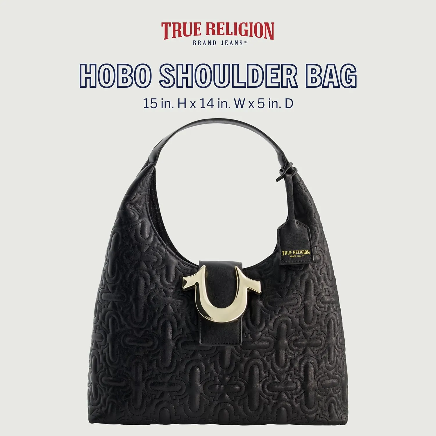 True Religion Women's Shoulder Bag Purse, Medium Quilted Hobo Handbag with Horseshoe Logo