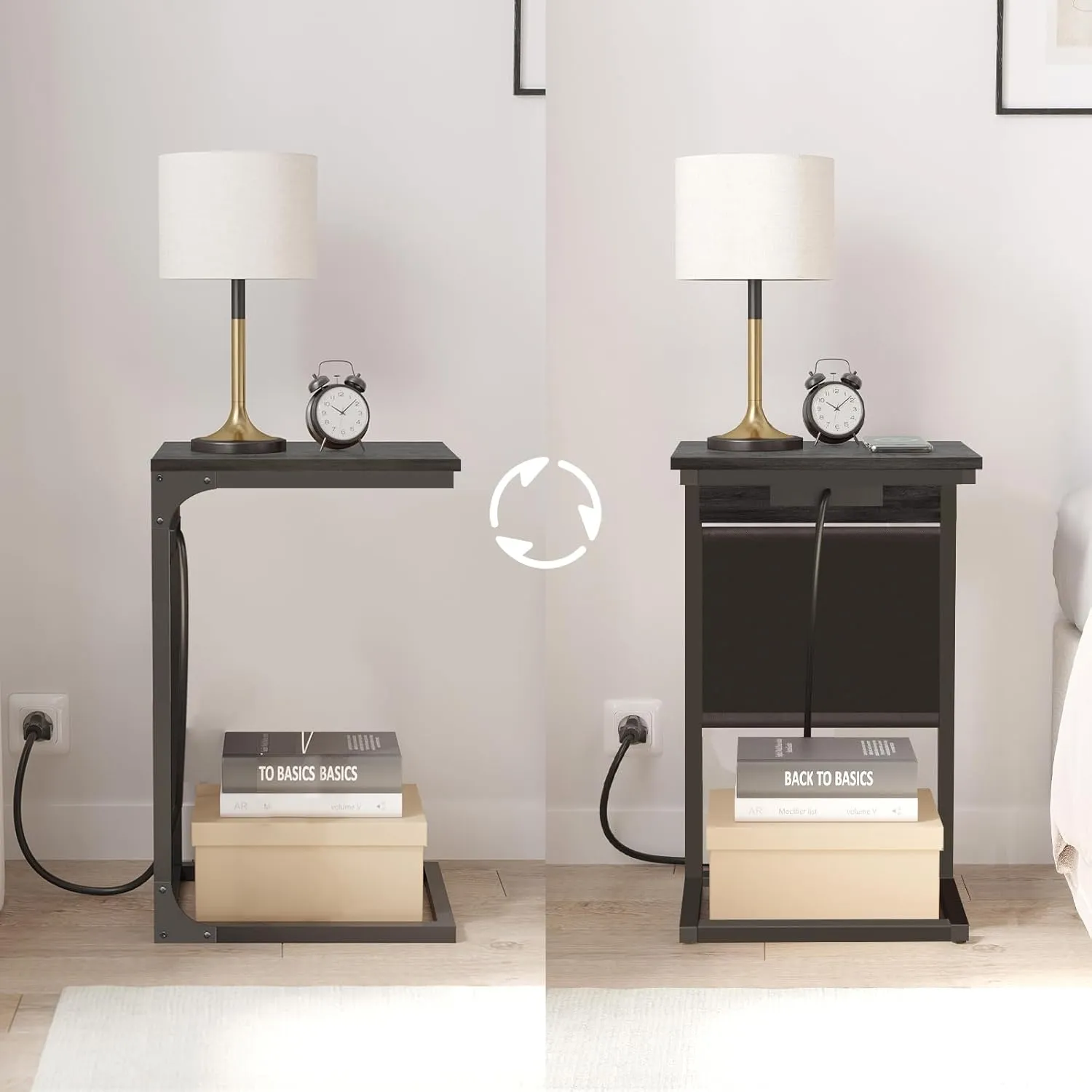 TUTOTAK C Shaped End Table with Charging Station, Side Table for Sofa, Couch Table with Storage Bag, TV Tray Table with 2 USB Ports and Outlets for Living Room, Bedroom, TB01BY024