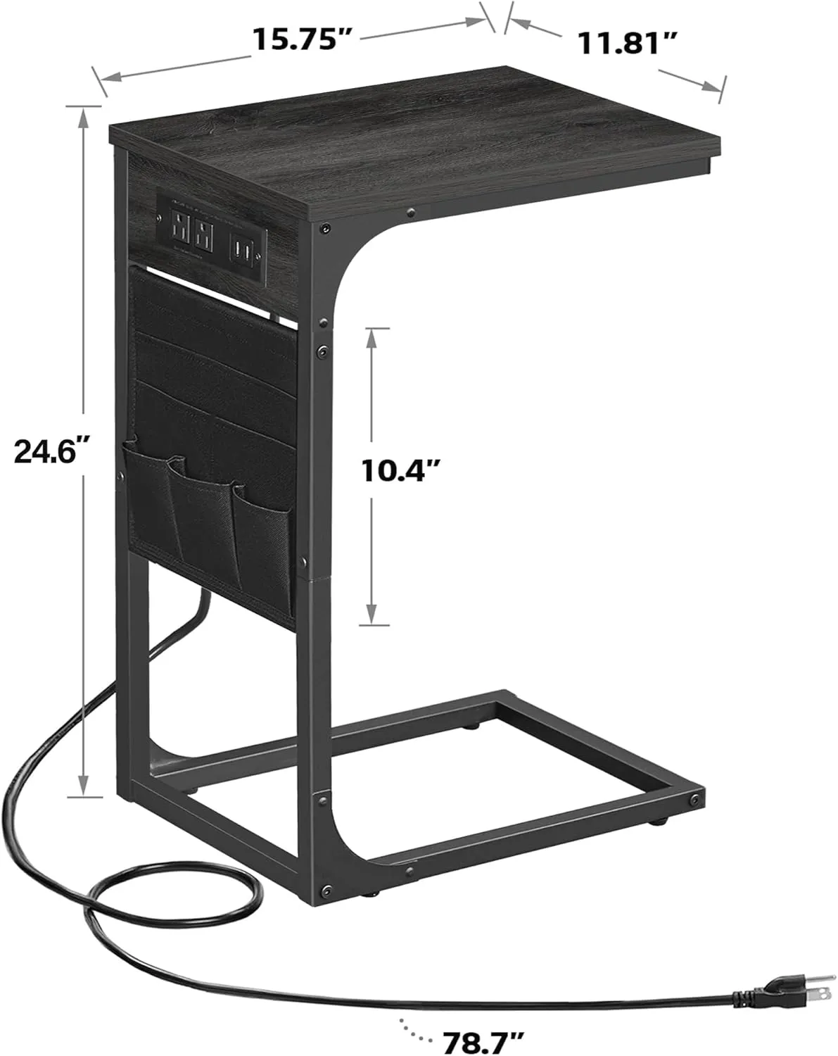 TUTOTAK C Shaped End Table with Charging Station, Side Table for Sofa, Couch Table with Storage Bag, TV Tray Table with 2 USB Ports and Outlets for Living Room, Bedroom, TB01BY024