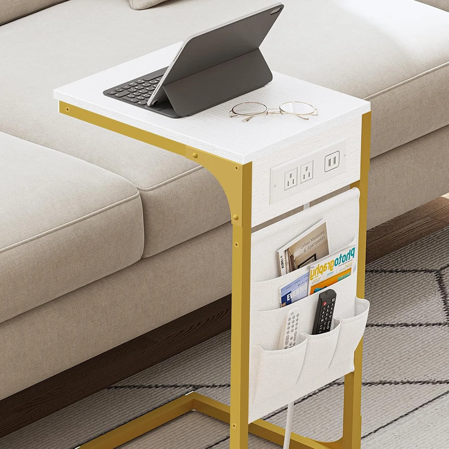 TUTOTAK C Shaped End Table with Charging Station, Side Table for Sofa, Couch Table with Storage Bag, TV Tray Table with 2 USB Ports and Outlets for Living Room, Bedroom, White and Gold TB01BWG024