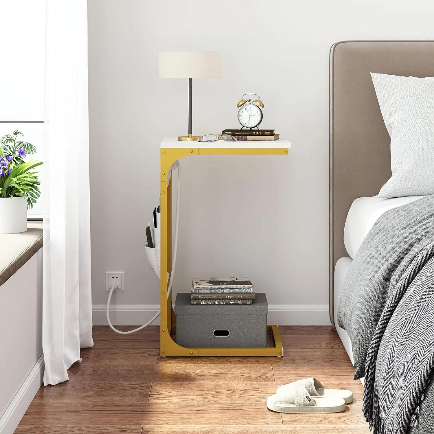 TUTOTAK C Shaped End Table with Charging Station, Side Table for Sofa, Couch Table with Storage Bag, TV Tray Table with 2 USB Ports and Outlets for Living Room, Bedroom, White and Gold TB01BWG024