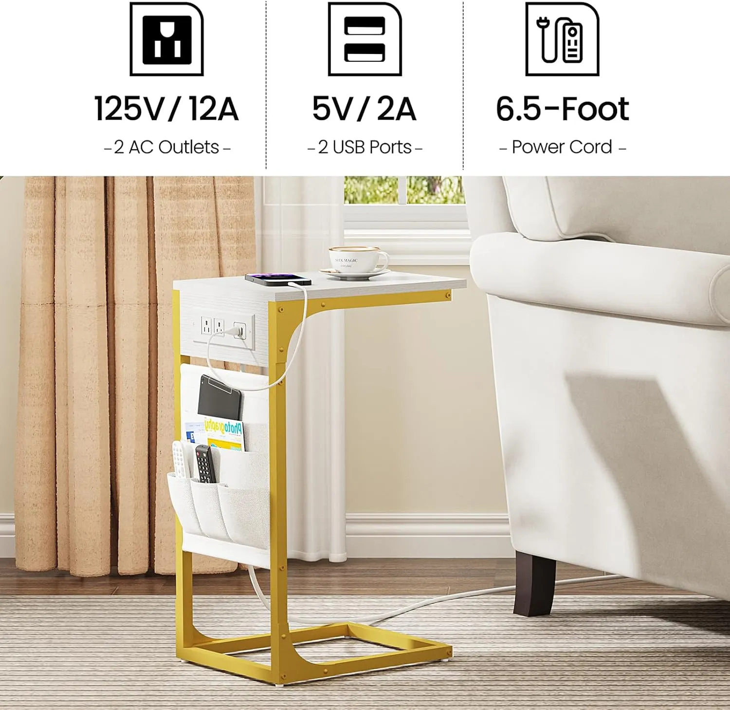 TUTOTAK C Shaped End Table with Charging Station, Side Table for Sofa, Couch Table with Storage Bag, TV Tray Table with 2 USB Ports and Outlets for Living Room, Bedroom, White and Gold TB01BWG024