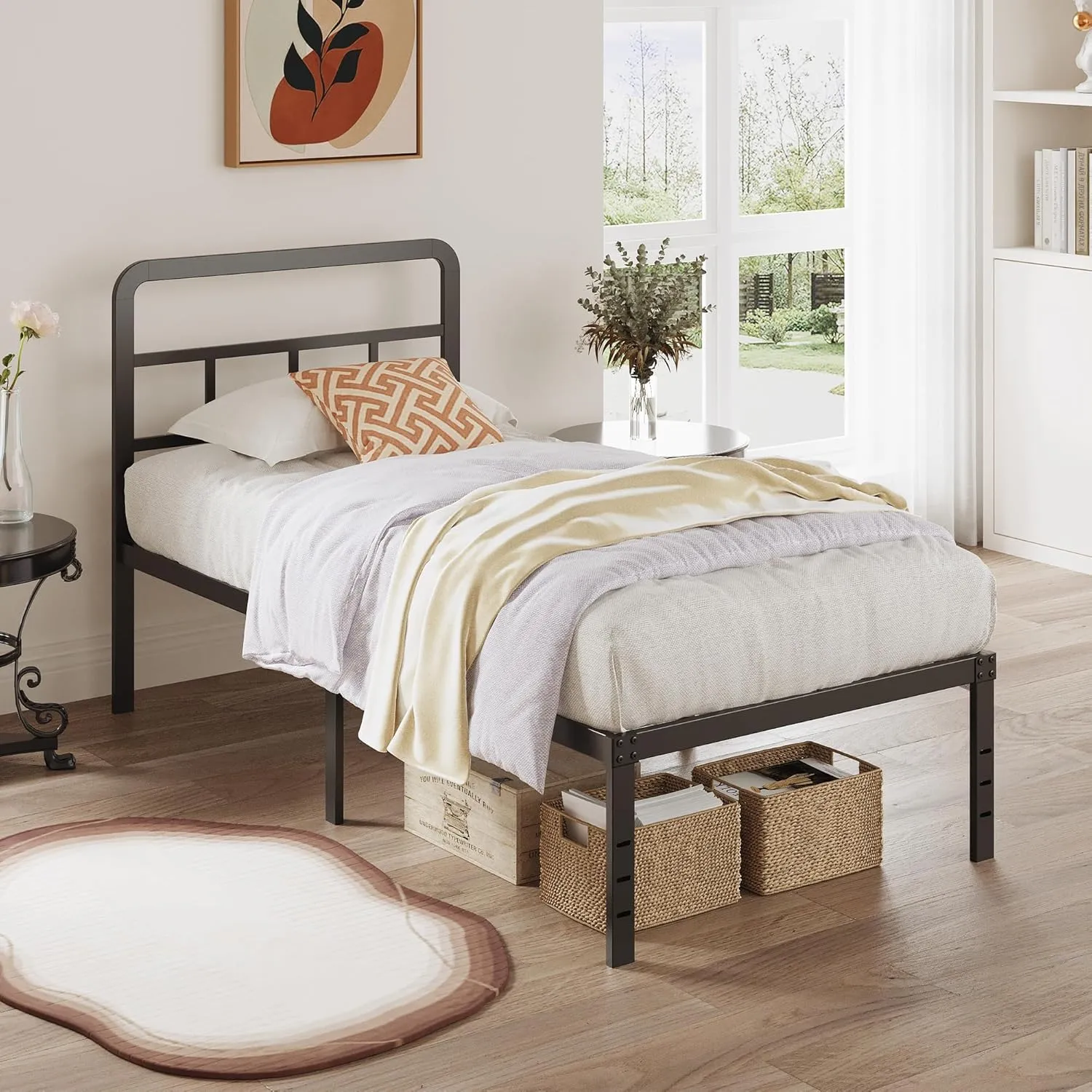 Twin Bed Frames with Headboard 16 Inch, Metal Platform No Box Spring Needed Heavy Duty Steel Slat Mattress Foundation/Easy Assembly/No Noise/Black