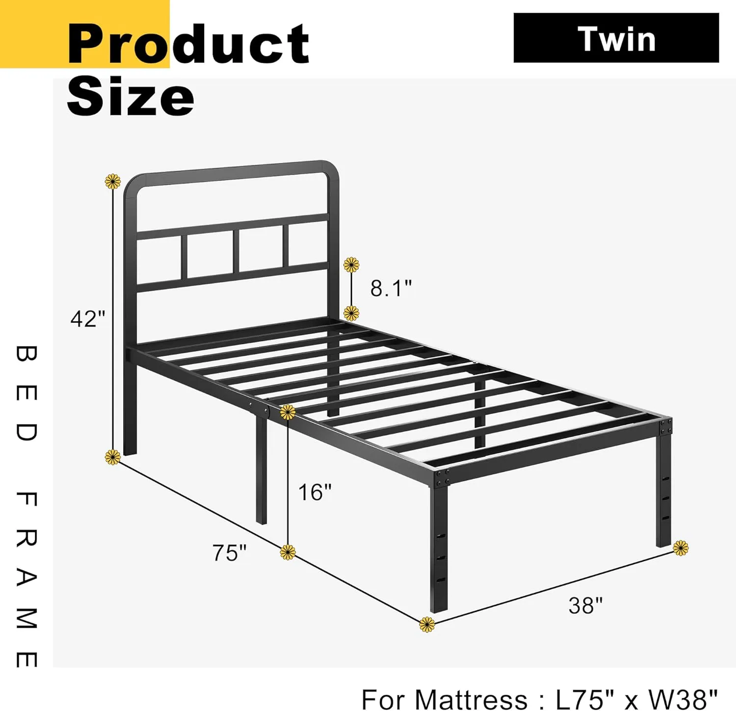 Twin Bed Frames with Headboard 16 Inch, Metal Platform No Box Spring Needed Heavy Duty Steel Slat Mattress Foundation/Easy Assembly/No Noise/Black