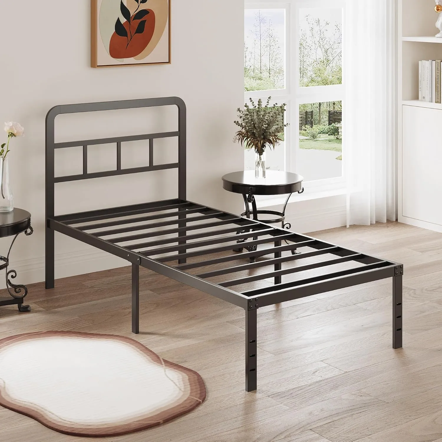 Twin Bed Frames with Headboard 16 Inch, Metal Platform No Box Spring Needed Heavy Duty Steel Slat Mattress Foundation/Easy Assembly/No Noise/Black