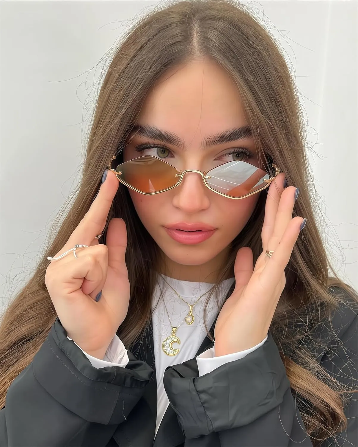TYA Retro Y2k Sunglasses for Women Men,Trendy Semi-Rimless Sun Glasses Irregular Narrow Gold Sunnies UV400