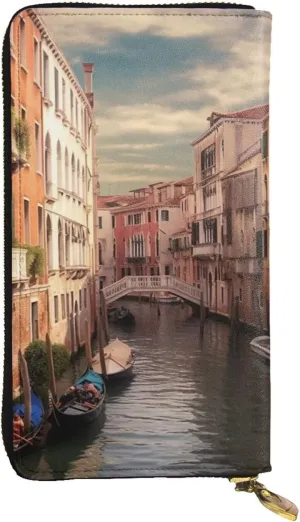 Ultra Slim Thin Leather Women Wallet Beautiful Venice Canal View Long Coin Purse Credit Card Holder Bifold Clutch
