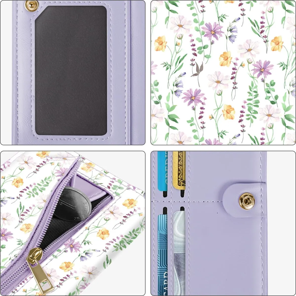 Ultra Slim Womens Wallet Minimalist Thin Long Leather Bifold Wallet RFID Blocking Card Holder Organizer with Zipper Coin Pocket Ladies Girls Gift Purse, White Daisy
