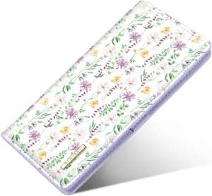 Ultra Slim Womens Wallet Minimalist Thin Long Leather Bifold Wallet RFID Blocking Card Holder Organizer with Zipper Coin Pocket Ladies Girls Gift Purse, White Daisy