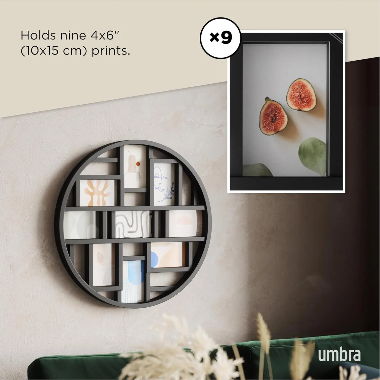 Umbra Luna Collage Picture Frame Holds Nine 4x6" Photos, Large 22-Inch Diameter, Black