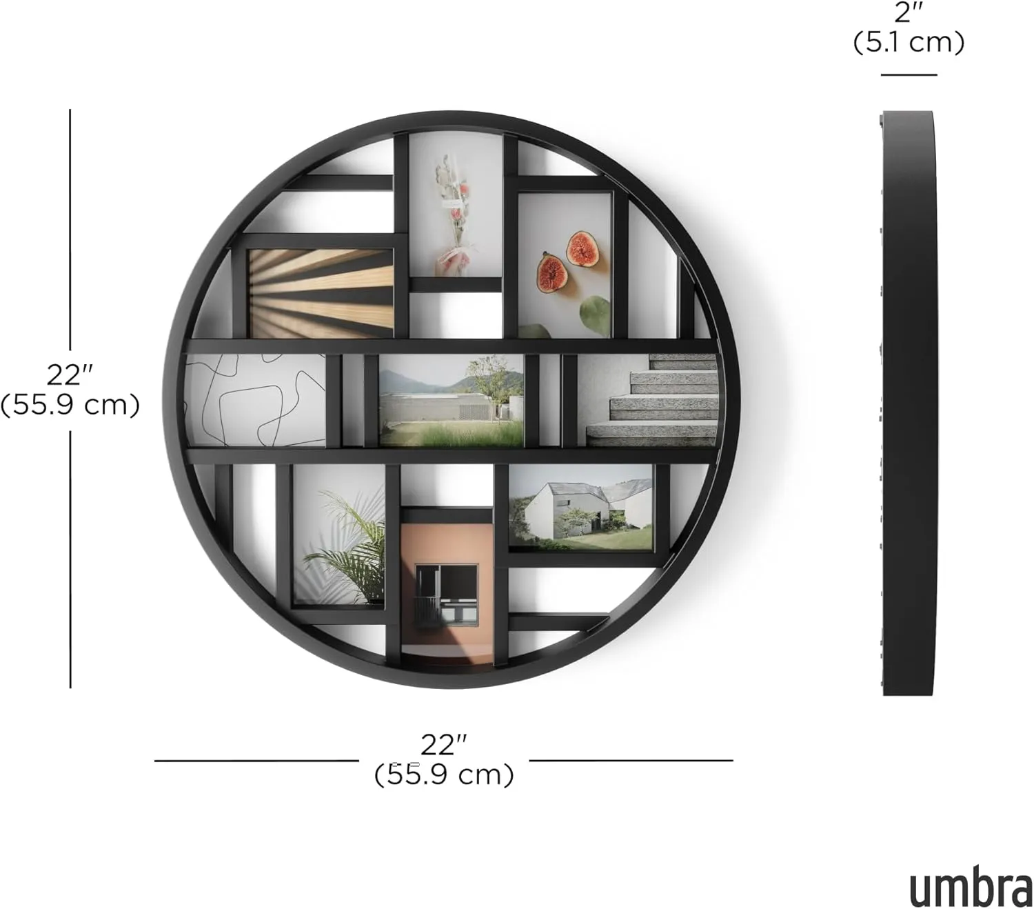 Umbra Luna Collage Picture Frame Holds Nine 4x6" Photos, Large 22-Inch Diameter, Black