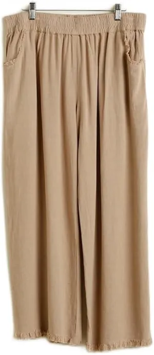 Umgee Wide Leg Pant with Elastic Waist, Pockets, and Frayed Hem