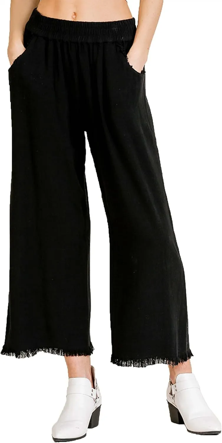Umgee Womens Wide Leg Pant with Elastic Waist, Pockets, and Frayed Hem