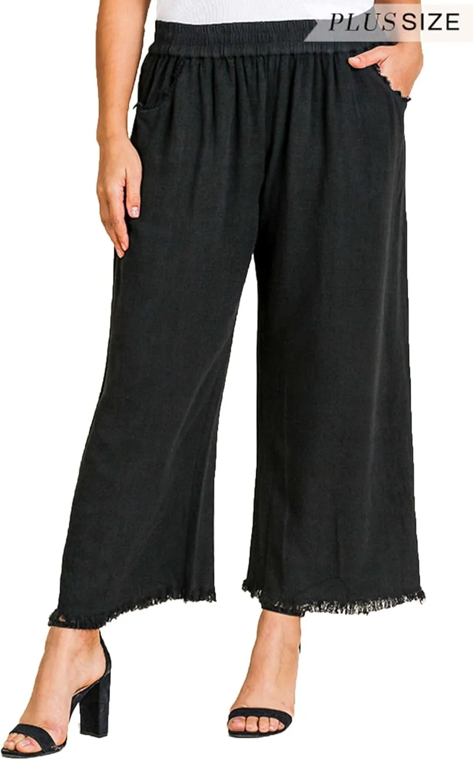 Umgee Womens Wide Leg Pant with Elastic Waist, Pockets, and Frayed Hem