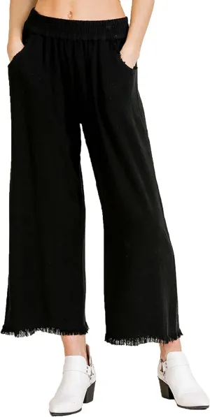 Umgee Womens Wide Leg Pant with Elastic Waist, Pockets, and Frayed Hem