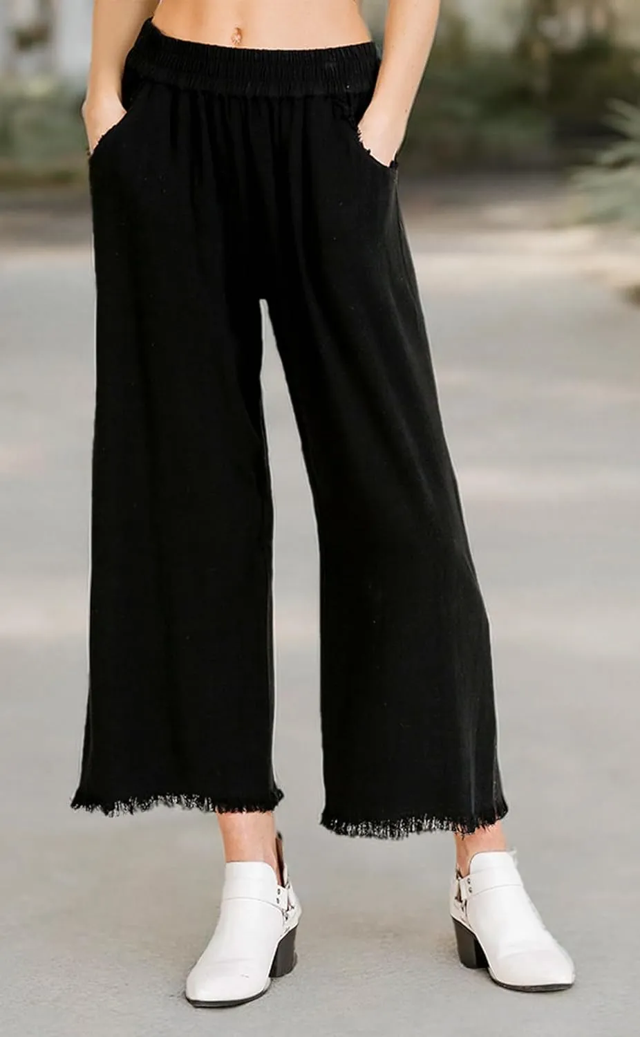 Umgee Womens Wide Leg Pant with Elastic Waist, Pockets, and Frayed Hem
