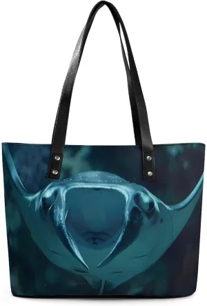 Underwater Ocean Animal Manta Ray Women Tote Bag PU Leather Handbags Top Handle Bag Fashion Shoulder Purses with Zippered