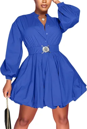 Uni Clau Womens Button Down Shirt Dress Long Sleeve A-Line Casual Puffy Short Mini Dress with Belt