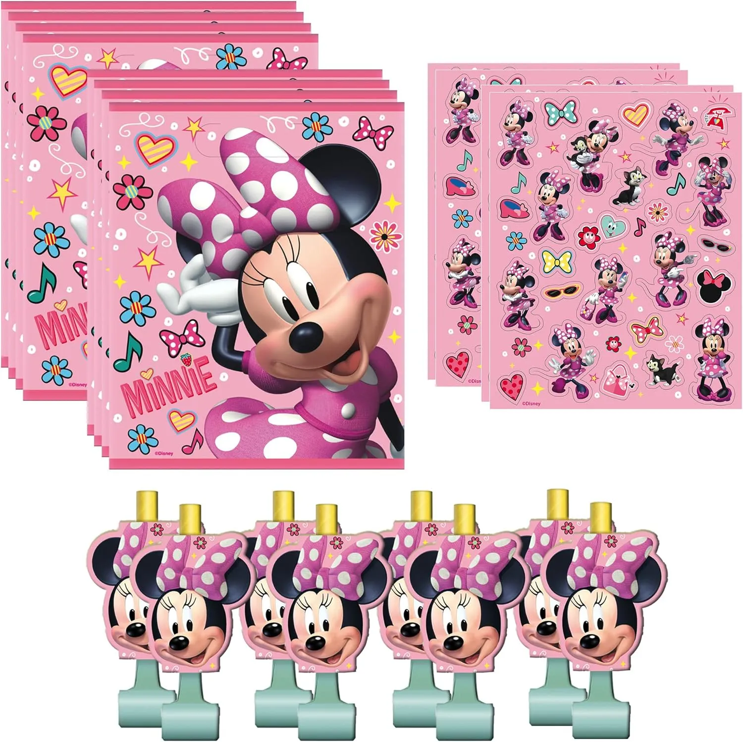 Unique Minnie Mouse Party Favor Bundle | Stickers, Blowouts, Loot Bags | Kids Birthday Party, Baby Shower Decor, Decoration Supplies