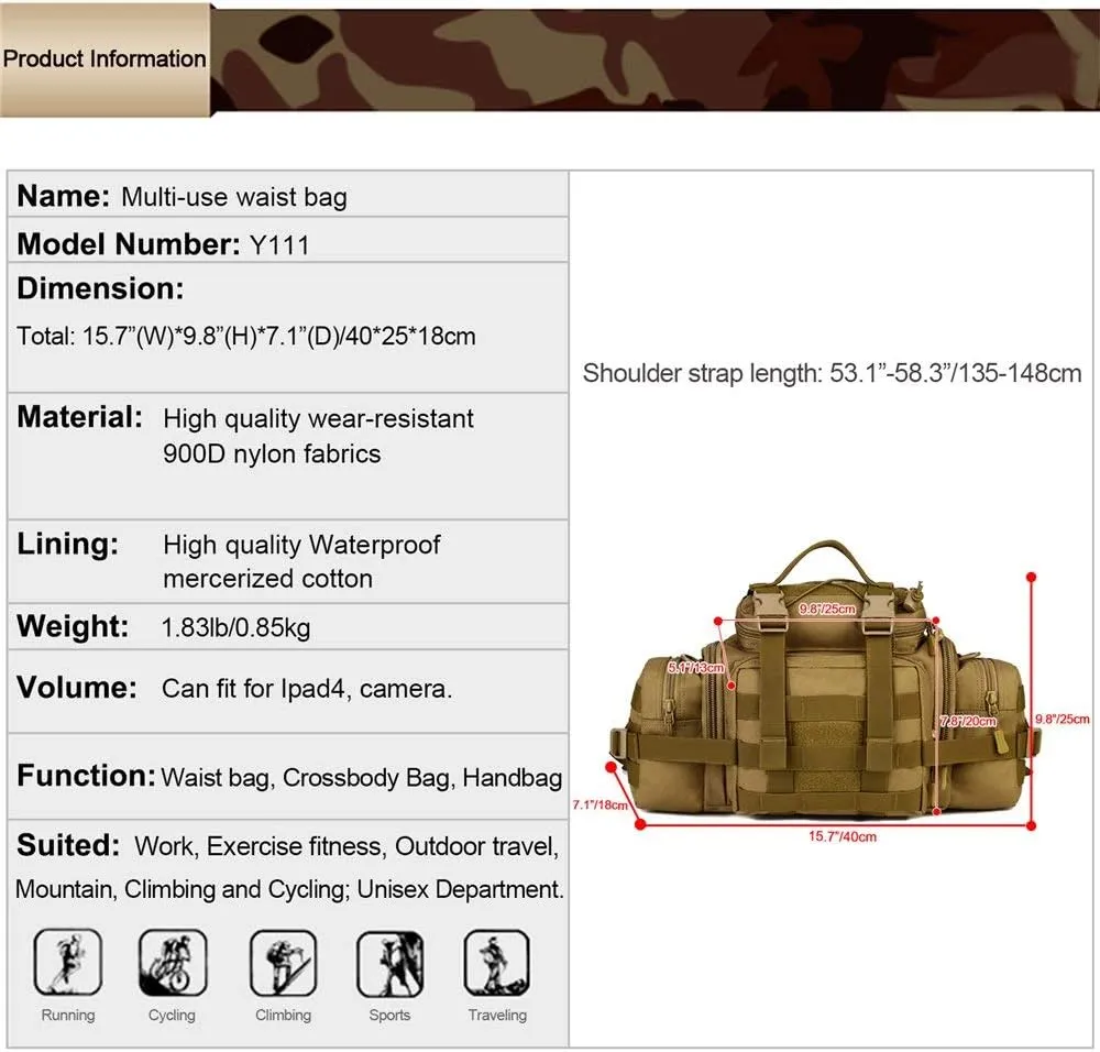 UNISTRENGH Tactical Assault Gear Sling Pack Hiking Duffle Fanny Packs MOLLE Compact Utility Military Waist Range Bag Heavy Duty EDC Camera Shoulder Backpack (Coyote Brown)