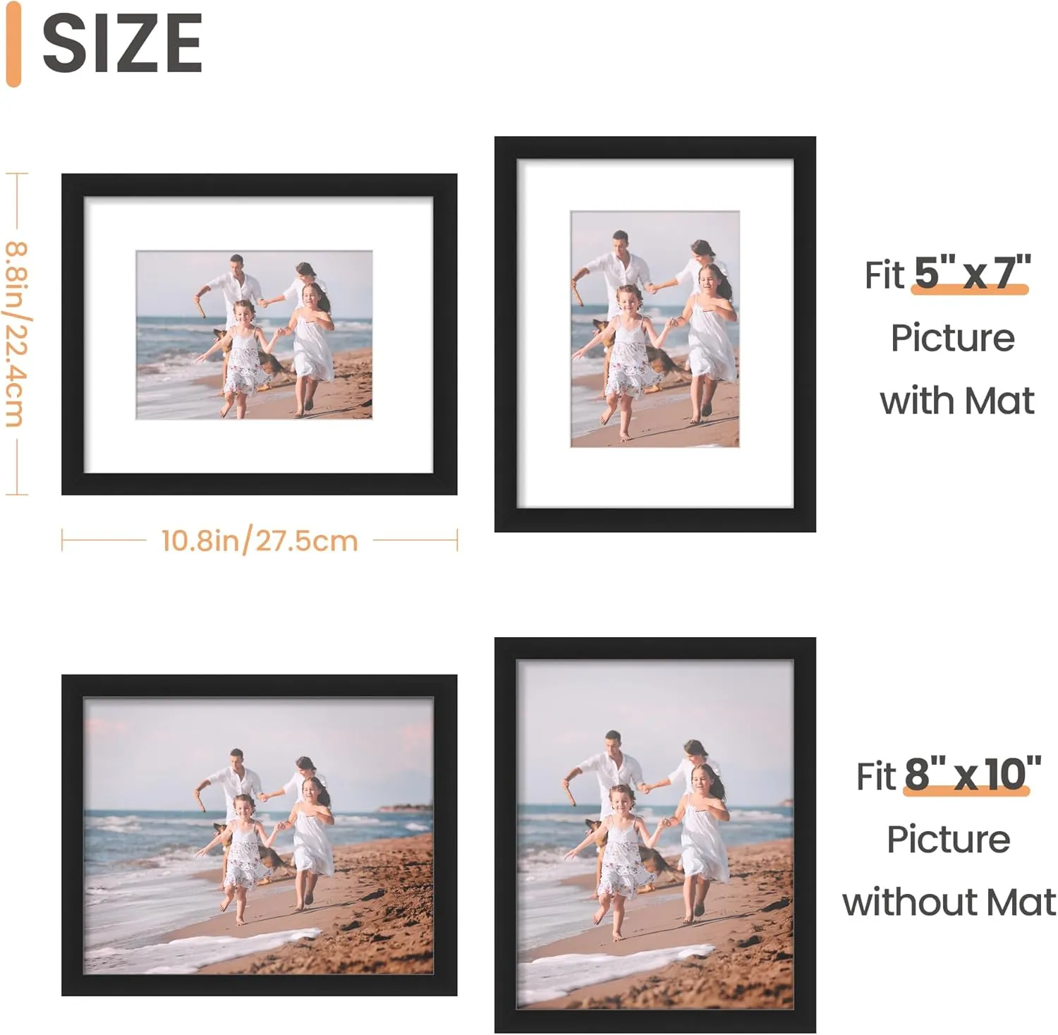 upsimples 8x10 Picture Frame Set of 5, Display Pictures 5x7 with Mat or 8 x 10 Without, Wall Gallery Photo Frames, Black