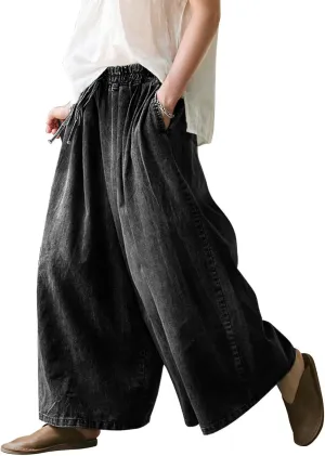 UQJE Women's Wide Leg Baggy Jeans Plus Size Loose Elastic Waist Denim Pants with Deep Pockets Light Blue