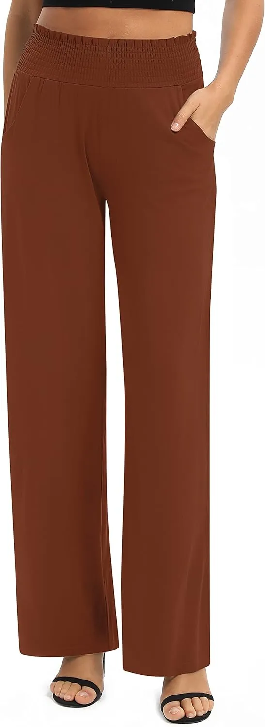 Urban CoCo Womens High Waist Flowy Palazzo Pants Elastic Waist Wide Leg Stretchy Straight Leg Dressy Casual Lounge Trousers