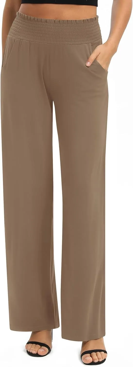 Urban CoCo Womens High Waist Flowy Palazzo Pants Elastic Waist Wide Leg Stretchy Straight Leg Dressy Casual Lounge Trousers