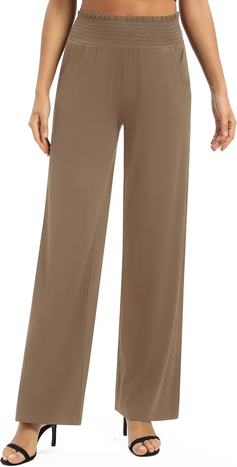 Urban CoCo Womens High Waist Flowy Palazzo Pants Elastic Waist Wide Leg Stretchy Straight Leg Dressy Casual Lounge Trousers