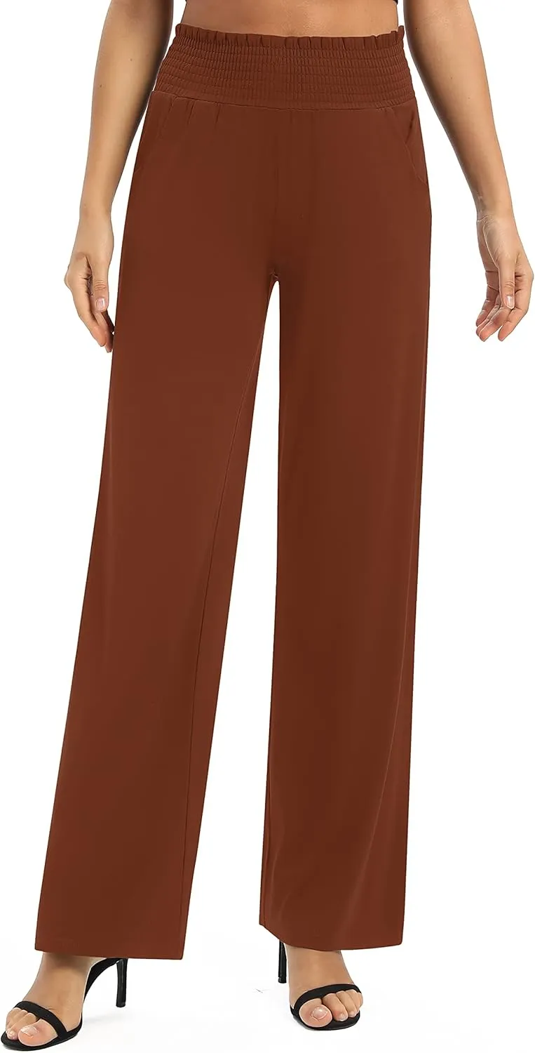 Urban CoCo Womens High Waist Flowy Palazzo Pants Elastic Waist Wide Leg Stretchy Straight Leg Dressy Casual Lounge Trousers