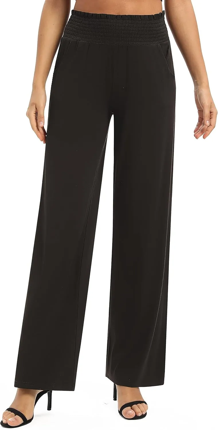 Urban CoCo Womens High Waist Flowy Palazzo Pants Elastic Waist Wide Leg Stretchy Straight Leg Dressy Casual Lounge Trousers