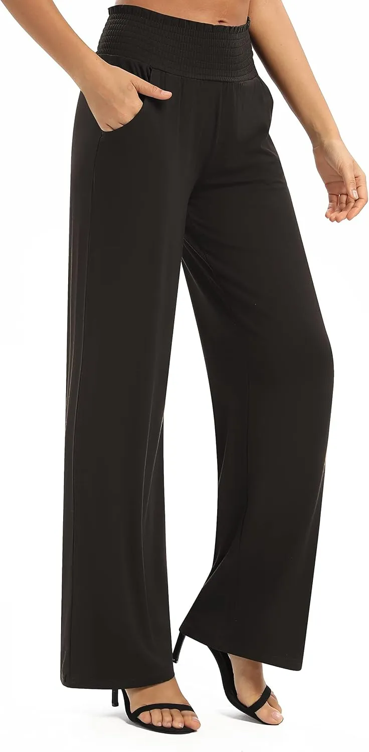 Urban CoCo Womens High Waist Flowy Palazzo Pants Elastic Waist Wide Leg Stretchy Straight Leg Dressy Casual Lounge Trousers