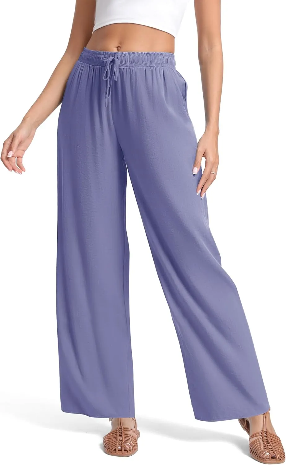 Urban CoCo Women's Lightweight Wide Leg Pants Elastic Waist Loose Office Casual Palazzo Trousers for Spring Summer