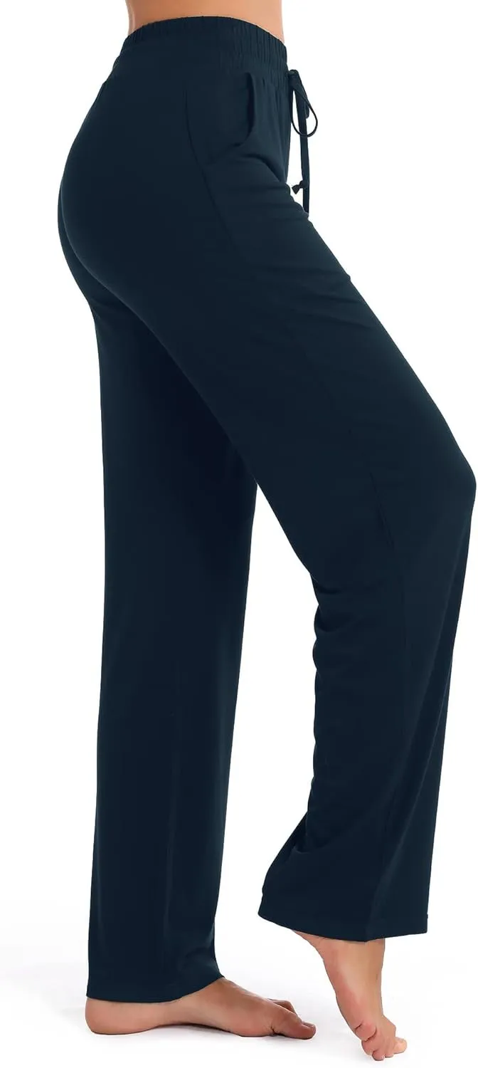 Urban CoCo Women's Straight Leg Long Pants Elastic High Waist Drawstring Casual Trousers with Pockets