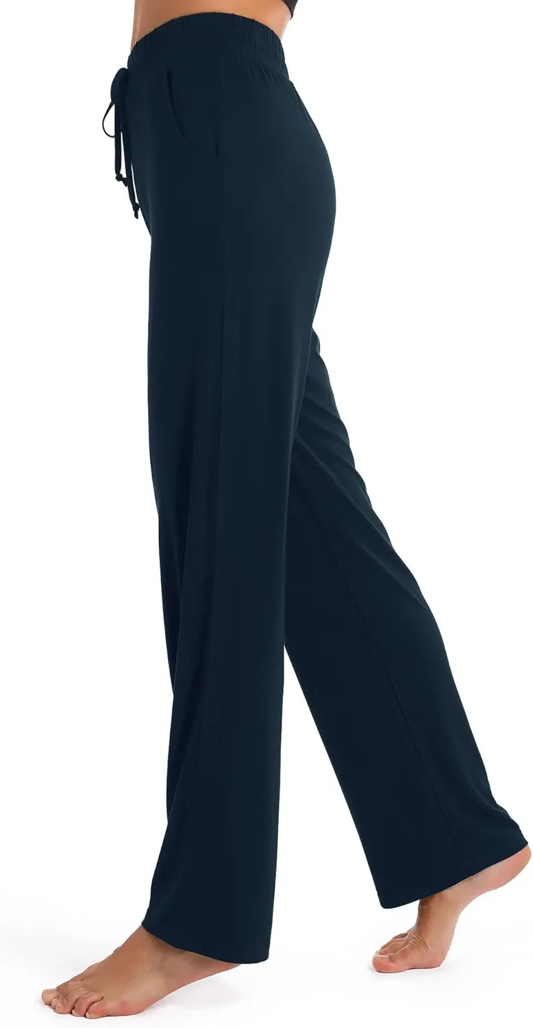Urban CoCo Women's Straight Leg Long Pants Elastic High Waist Drawstring Casual Trousers with Pockets