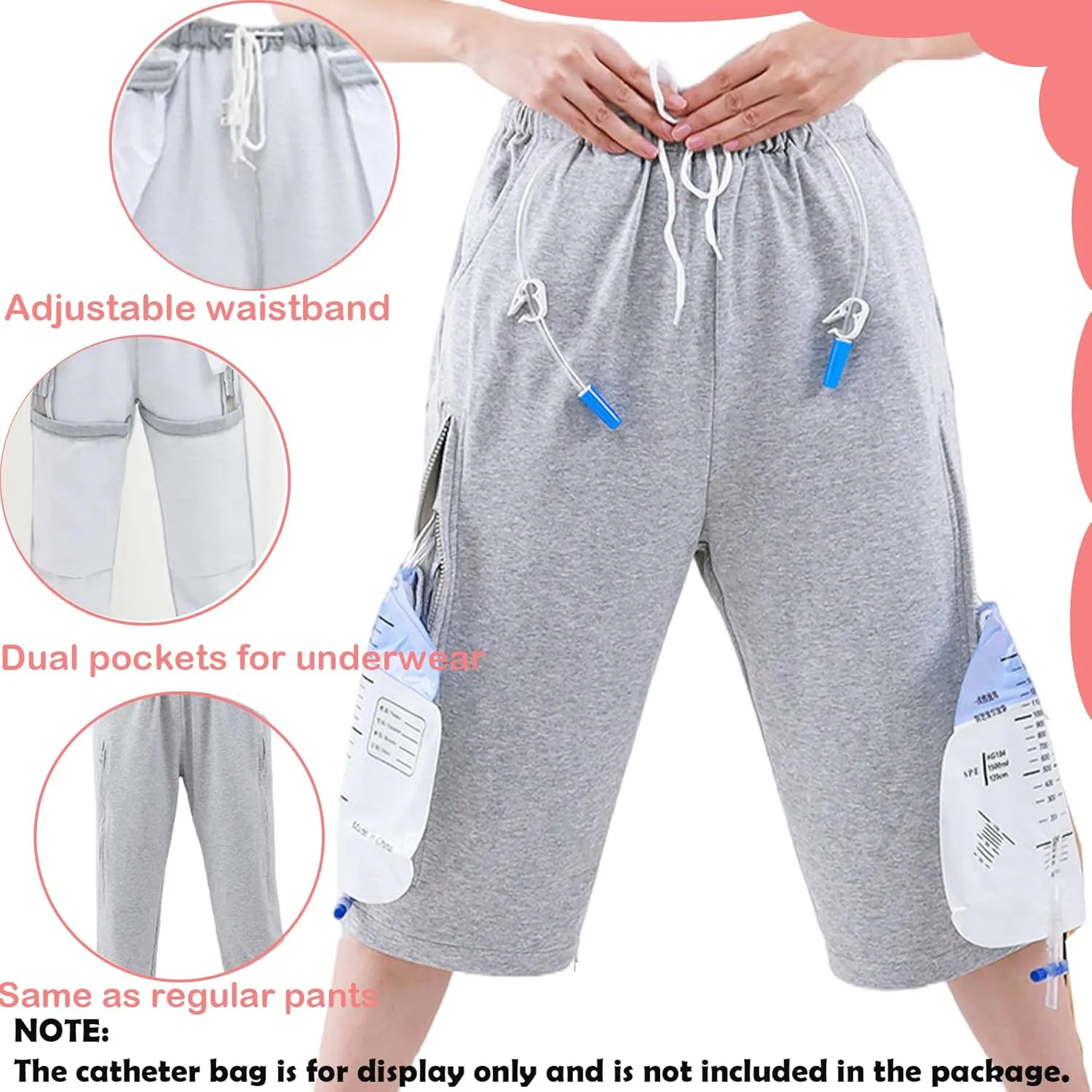Urine Bag Holder Pants with Zippered Pockets,Incontinence Catheter Pants,Urine Bag Holder Trousers for Nephropathy Nephrostomy,Cystostomy,Eelderly