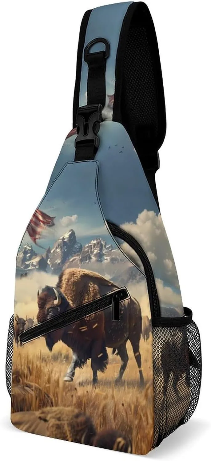 US Bisons Funny Crossbody Sling Bag Novelty Chest Bags Shoulder Backpack For Travel Hiking 15×8×4 Inches