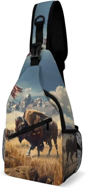 US Bisons Funny Crossbody Sling Bag Novelty Chest Bags Shoulder Backpack For Travel Hiking 15×8×4 Inches