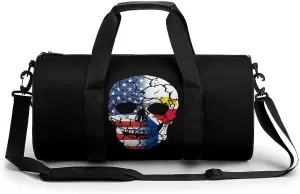 U.S.A French Saint Martin Flag Skull Compact Gym Bag Travel Duffel Bags Lightweight Foldable Sports Tote Gymbag