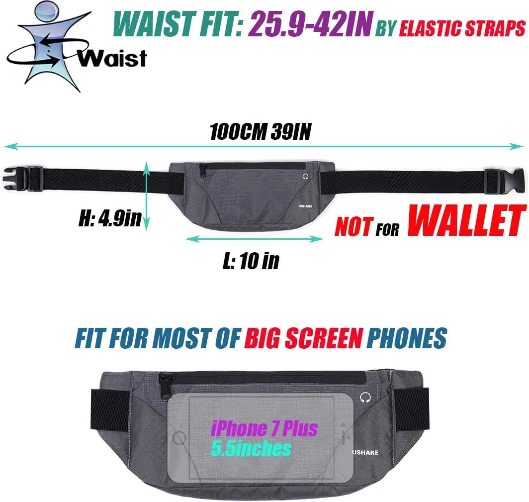 USHAKE Running Belt,Men or Women Ultra Light Bounce Free Waist Pouch Bag Fitness Workout Belt Sport Waist Pack Exercise Waist Bag for iPhone Samsung LG in Running Gym Marathon (Grey)