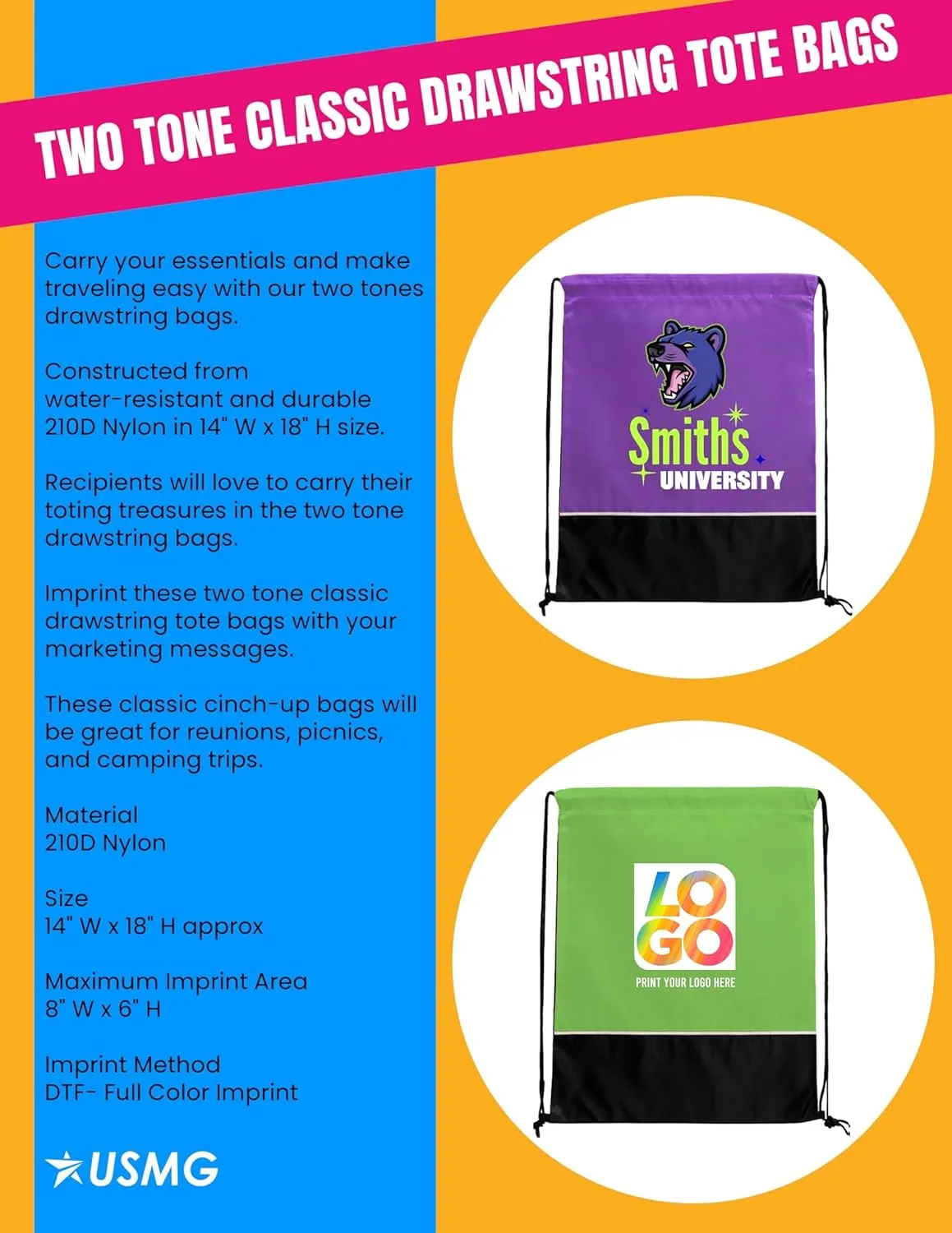 USMG Two Tone Classic Drawstring Tote Bags with Full Color Imprint for Marketing & Events