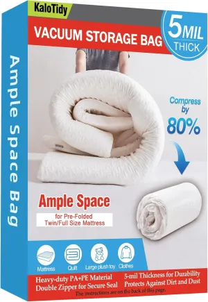 Vacuum Storage Bag for Pre-Folded Twin/Full Mattresses, Heavy Duty Vacuum Seal Bags for Mattress, Bedding, and Blankets, Space Saver Compression Bags for Moving and Storage (86.6x39.3 inches)