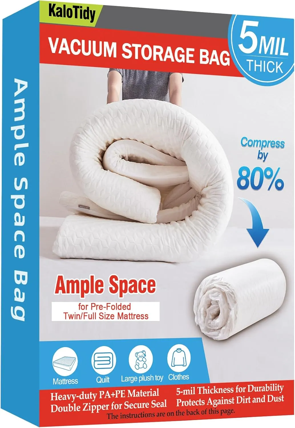 Vacuum Storage Bag for Pre-Folded Twin/Full Mattresses, Heavy Duty Vacuum Seal Bags for Mattress, Bedding, and Blankets, Space Saver Compression Bags for Moving and Storage (86.6x39.3 inches)