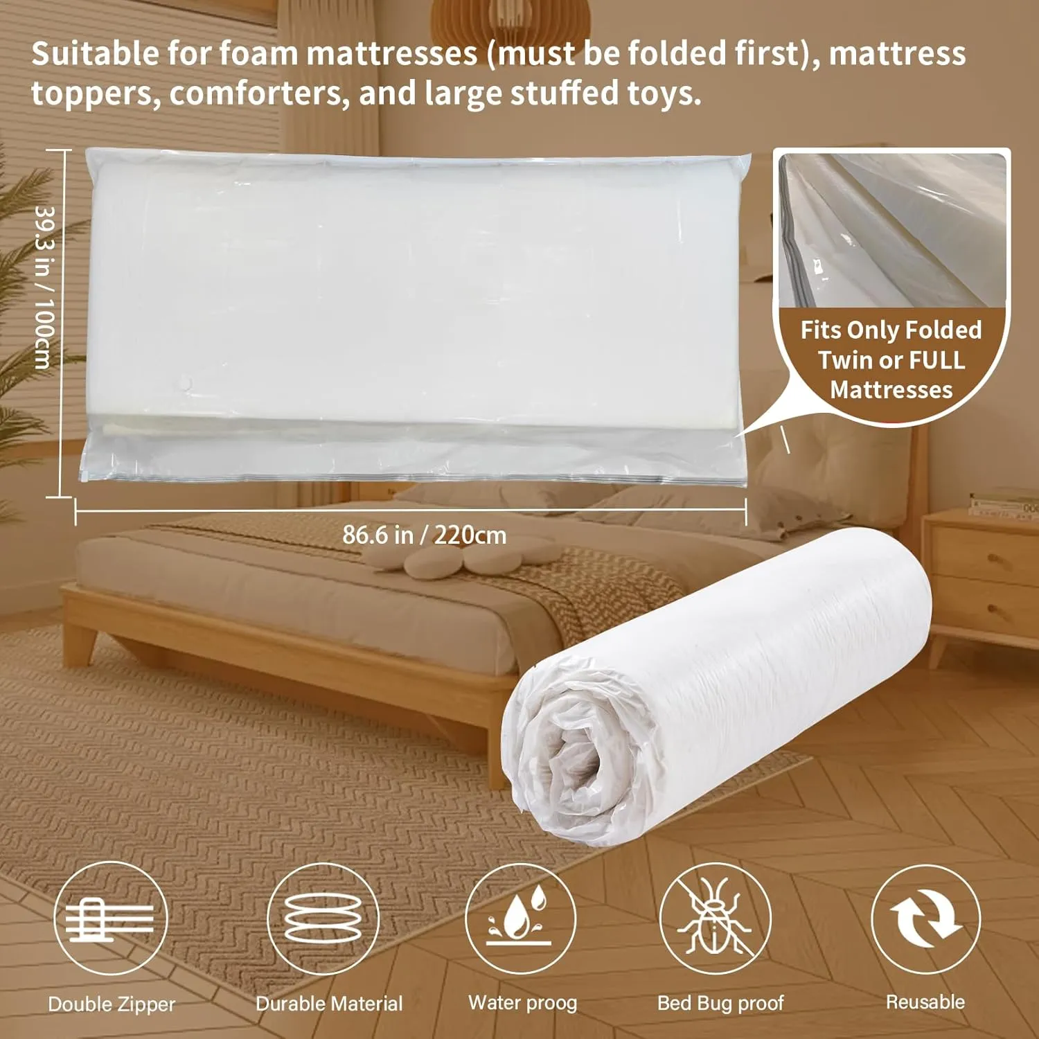 Vacuum Storage Bag for Pre-Folded Twin/Full Mattresses, Heavy Duty Vacuum Seal Bags for Mattress, Bedding, and Blankets, Space Saver Compression Bags for Moving and Storage (86.6x39.3 inches)