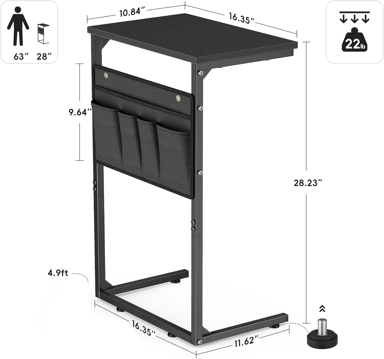 Vagusicc C Shaped End Table, 28'' Tall Side Table for Couch, Small Couch Side Table, TV Tray Tables for Small Spaces, Slide Under Sofa Table Arm Tables with Metal Frame for Living Room, Black